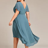 Women's Pleated Wrap Midi Dress with Asymmetric Hem
