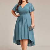 Women's Pleated Wrap Midi Dress with Asymmetric Hem