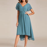 Women's Pleated Wrap Midi Dress with Asymmetric Hem