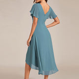Women's Pleated Wrap Midi Dress with Asymmetric Hem