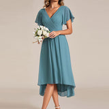 Women's Pleated Wrap Midi Dress with Asymmetric Hem