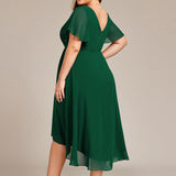 Women's Pleated Wrap Midi Dress with Asymmetric Hem