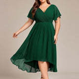 Women's Pleated Wrap Midi Dress with Asymmetric Hem