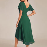 Women's Pleated Wrap Midi Dress with Asymmetric Hem