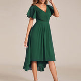 Women's Pleated Wrap Midi Dress with Asymmetric Hem