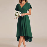 Women's Pleated Wrap Midi Dress with Asymmetric Hem