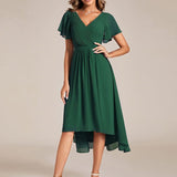 Women's Pleated Wrap Midi Dress with Asymmetric Hem