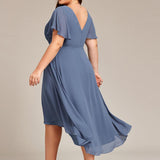 Women's Pleated Wrap Midi Dress with Asymmetric Hem