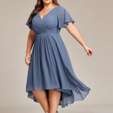 Women's Pleated Wrap Midi Dress with Asymmetric Hem