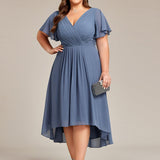 Women's Pleated Wrap Midi Dress with Asymmetric Hem