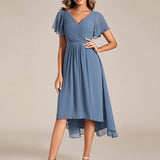 Women's Pleated Wrap Midi Dress with Asymmetric Hem