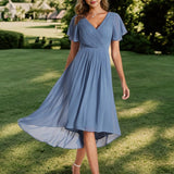 Women's Pleated Wrap Midi Dress with Asymmetric Hem
