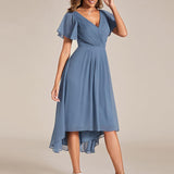Women's Pleated Wrap Midi Dress with Asymmetric Hem