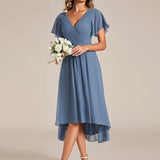 Women's Pleated Wrap Midi Dress with Asymmetric Hem