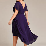 Women's Pleated Wrap Midi Dress with Asymmetric Hem