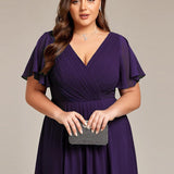 Women's Pleated Wrap Midi Dress with Asymmetric Hem