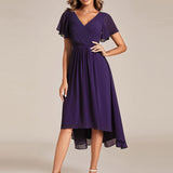 Women's Pleated Wrap Midi Dress with Asymmetric Hem