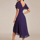 Women's Pleated Wrap Midi Dress with Asymmetric Hem