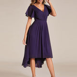 Women's Pleated Wrap Midi Dress with Asymmetric Hem