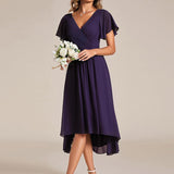 Women's Pleated Wrap Midi Dress with Asymmetric Hem