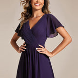 Women's Pleated Wrap Midi Dress with Asymmetric Hem