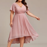 Women's Pleated Wrap Midi Dress with Asymmetric Hem