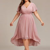 Women's Pleated Wrap Midi Dress with Asymmetric Hem