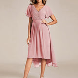 Women's Pleated Wrap Midi Dress with Asymmetric Hem