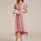 Women's Pleated Wrap Midi Dress with Asymmetric Hem