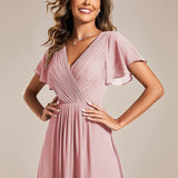 Women's Pleated Wrap Midi Dress with Asymmetric Hem