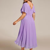 Women's Pleated Wrap Midi Dress with Asymmetric Hem