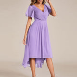 Women's Pleated Wrap Midi Dress with Asymmetric Hem
