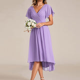 Women's Pleated Wrap Midi Dress with Asymmetric Hem