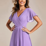 Women's Pleated Wrap Midi Dress with Asymmetric Hem