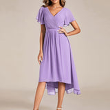 Women's Pleated Wrap Midi Dress with Asymmetric Hem