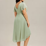 Women's Pleated Wrap Midi Dress with Asymmetric Hem