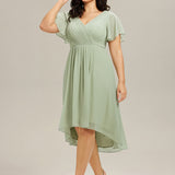 Women's Pleated Wrap Midi Dress with Asymmetric Hem