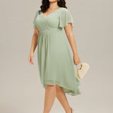 Women's Pleated Wrap Midi Dress with Asymmetric Hem