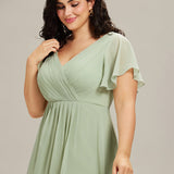 Women's Pleated Wrap Midi Dress with Asymmetric Hem