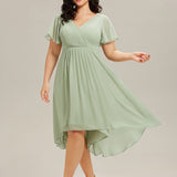 Women's Pleated Wrap Midi Dress with Asymmetric Hem
