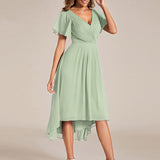 Women's Pleated Wrap Midi Dress with Asymmetric Hem