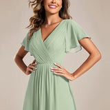 Women's Pleated Wrap Midi Dress with Asymmetric Hem