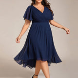 Women's Pleated Wrap Midi Dress with Asymmetric Hem