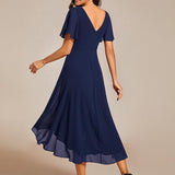 Women's Pleated Wrap Midi Dress with Asymmetric Hem