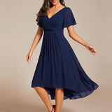 Women's Pleated Wrap Midi Dress with Asymmetric Hem