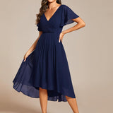 Women's Pleated Wrap Midi Dress with Asymmetric Hem