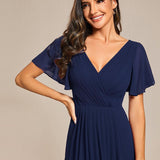 Women's Pleated Wrap Midi Dress with Asymmetric Hem