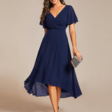 Women's Pleated Wrap Midi Dress with Asymmetric Hem