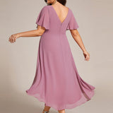 Women's Pleated Wrap Midi Dress with Asymmetric Hem