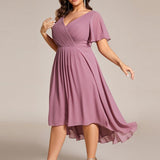 Women's Pleated Wrap Midi Dress with Asymmetric Hem